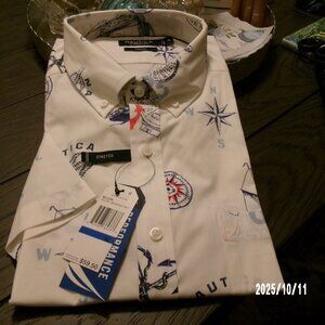 New Nautica Shirt Men's XL Printed Short Sleeve Button Up WHITE NAUTICAL COMPASS